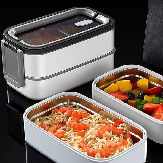 Geïsoleerde Lunchbox - Voedselcontainer Thermo - Maaltijden Meenemen - Dubbele Verdiepingen - 19.7 x 10.4 cm - Grijs — afbeelding 4