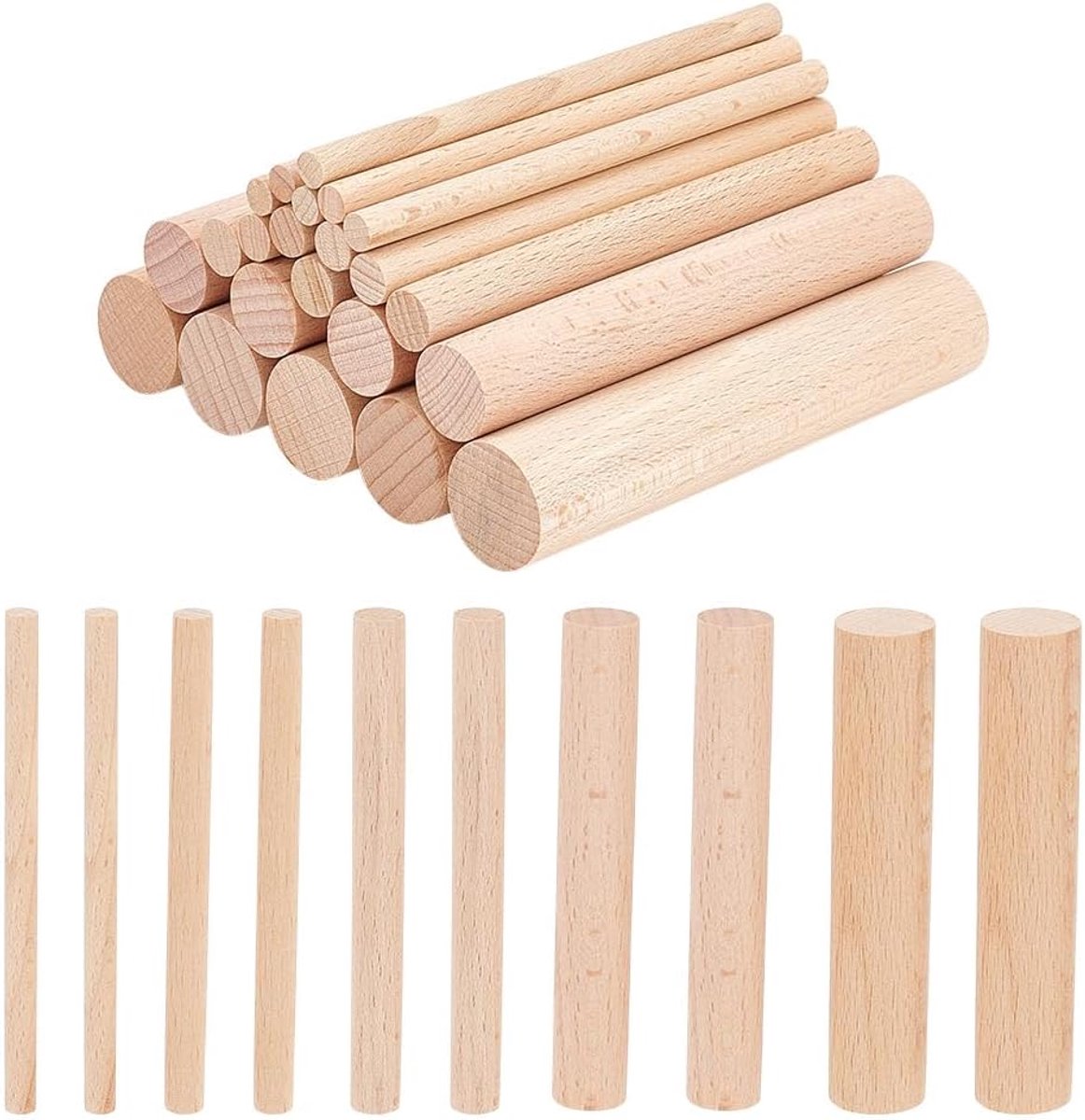 50 stuks, 5 maten, kleine cilinder van hout, 10 x 0,6-2 cm, rond, van massief beukenhout, onvoltooid, knutselstokken, voor knutselen, schilderen, huisdecoratie, bisque