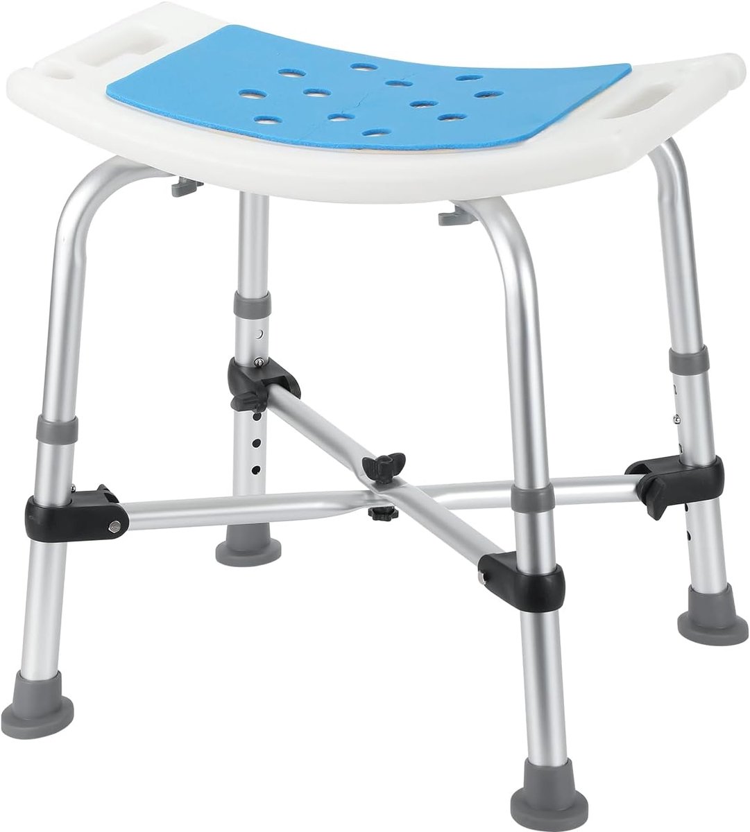 Douchekruk voor senioren, in hoogte verstelbaar 38-54 cm, aluminium douchekruk met dubbele dwarsbalk en kussen, antislip, tot 180 kg, wit