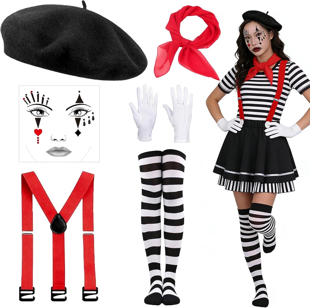 Kostuum voor dames en heren, 6 stuks, pantomime, Franse kostuum, accessoires, met Baskenmuts, doeken, handschoenen, gezichtstattoo, verstelbare bretels, kousen, voor carnaval
