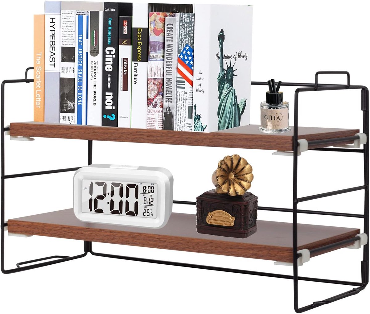 Powerking Bureaurek, organizer, 2 niveaus, bureauplanken met houten plank, verstelbare boekenplanken voor tafel, school voor thuiskantoor