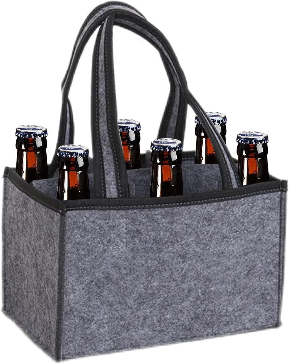 Flessendrager, bierdrager, vilten tas met aparte scheidingswand voor 6 flessen, perfect voor enkele fles, wasbaar, grijs
