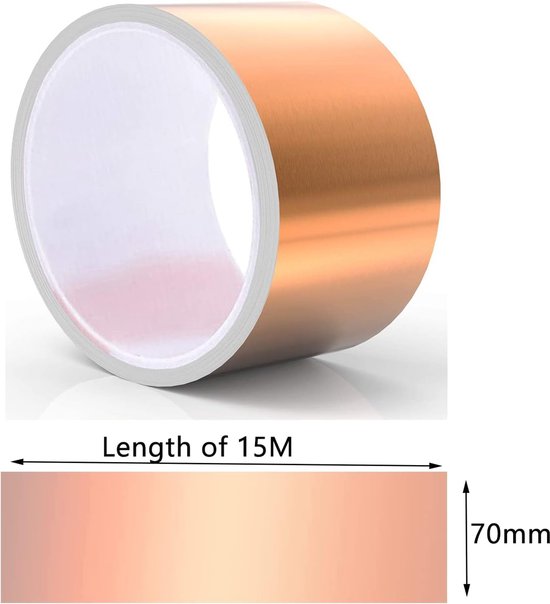 70 mm x 15 m kopertape slakkenafweer, efficiënte EMI koperfolietape tegen slakken en nekslakken, verdikte koperfolie, zelfklevend, middel tegen slakkenkorrels — afbeelding 4