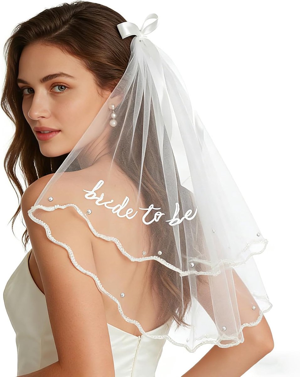 Bruidssluier met Parels - Korte Witte Gehaakte Sluier - Elegant Ontwerp - Perfect voor Bruiloft - SnelShoppen