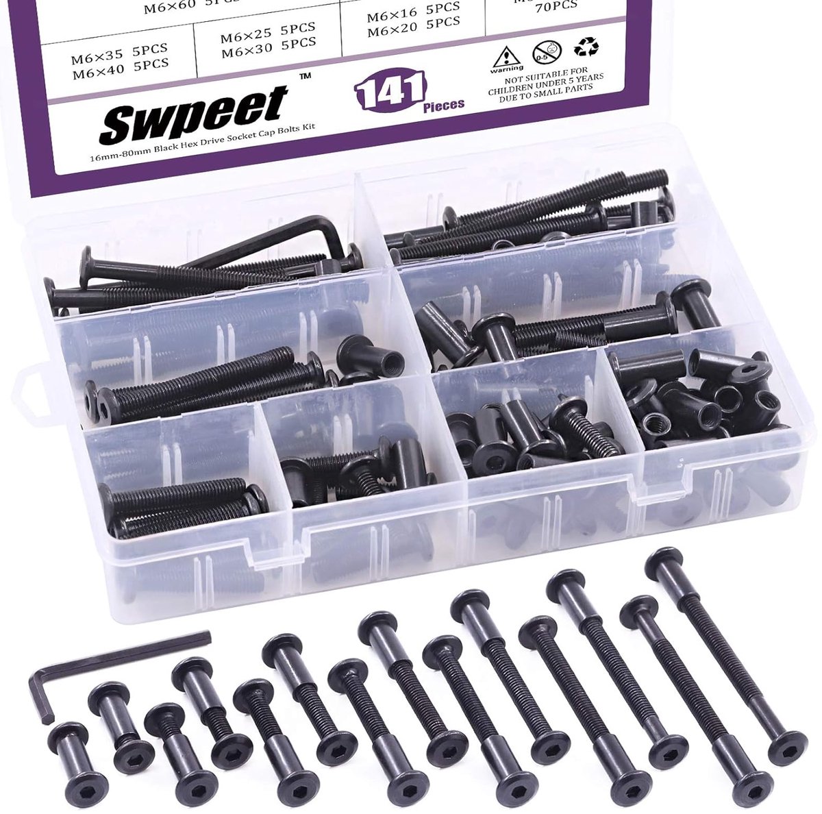 Hex bouten set 141-delig - carbon staal - 14 maten van M6x16mm tot 80mm - veelzijdig gebruik - SnelShoppen
