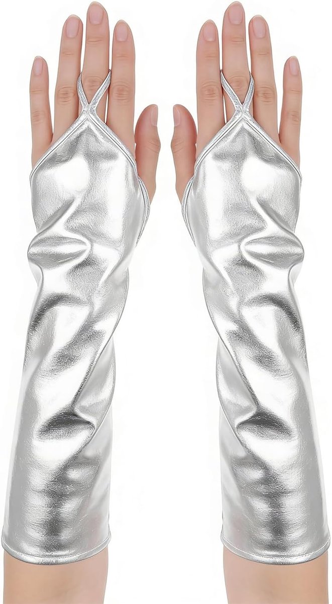 Vingerloze handschoenen voor dames - glanzend zilver - patentleer - perfect voor cosplay en Halloween - SnelShoppen