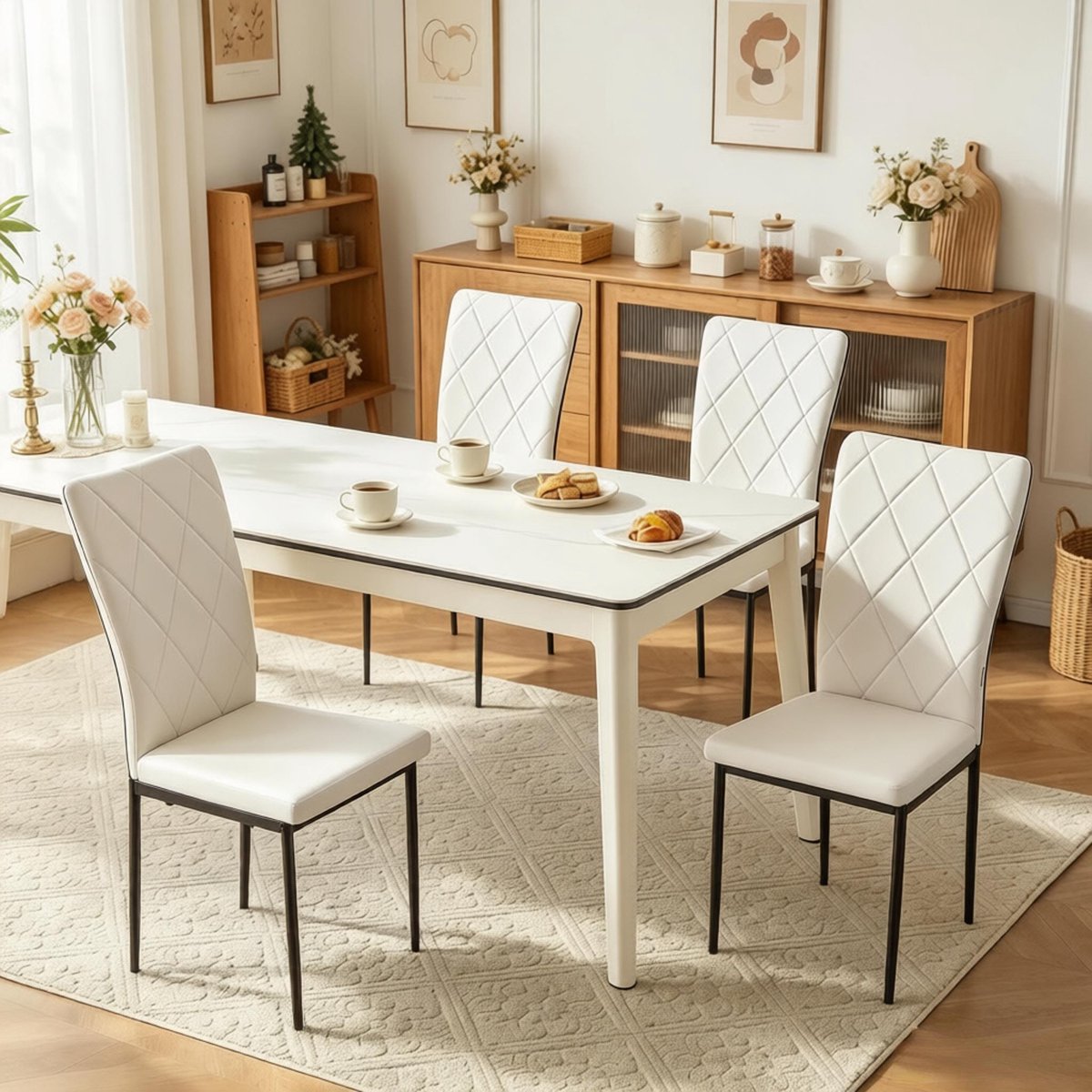 Eetkamerstoel - Hoge Rugleuning Met Gestikt Patroon - Voor Keuken En Woonkamer - Kunstleer - Zwart/Wit - Set Van 4