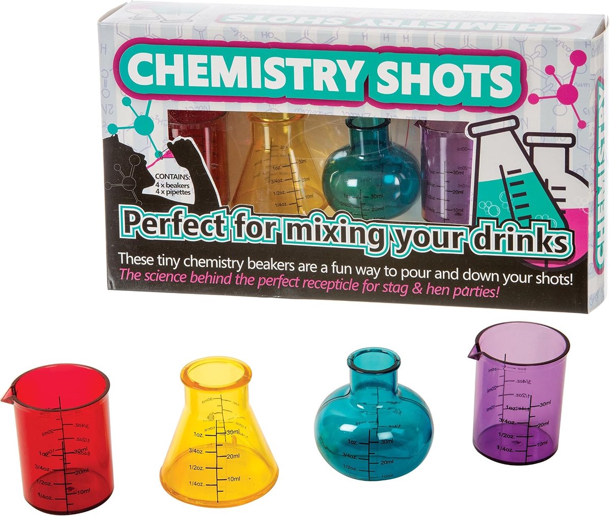 Plastic glazen chemie shots - multicolour - 4 stuks - leuk voor feestjes - ShopVlot