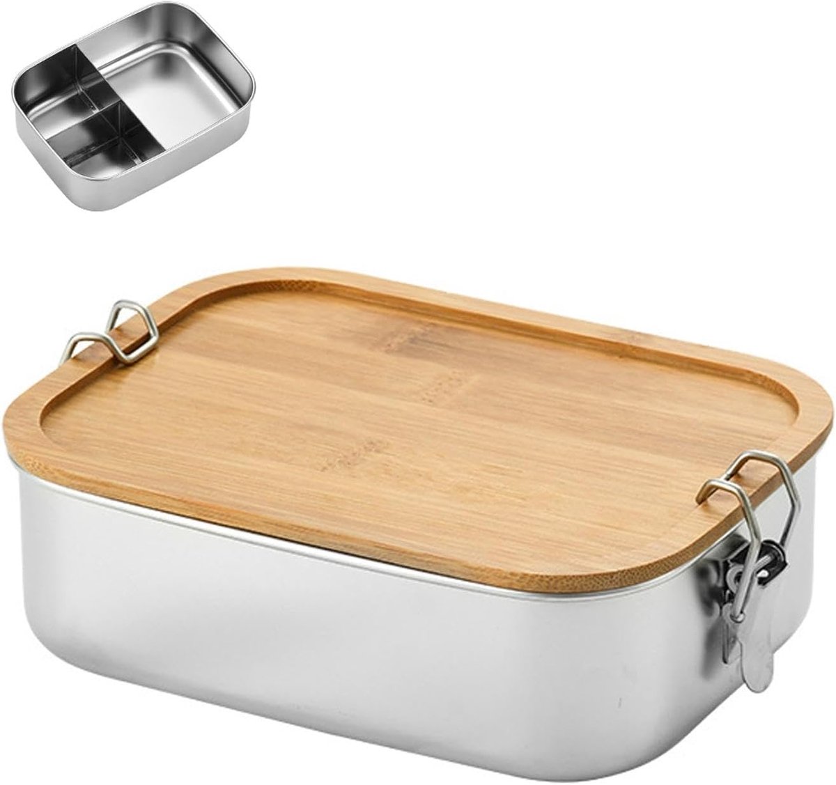 Bento-lunchbox roestvrij staal - gedeeld met houten deksel - duurzaam en herbruikbaar - ideaal voor school en werk - ShopVlot