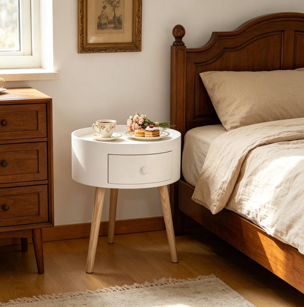 STILVORA Bedtafel Met Lade - Rond Ontwerp Voor Slaapkamer En Logeerkamer - Wit En Hout - 38 X 38 X 45 Cm