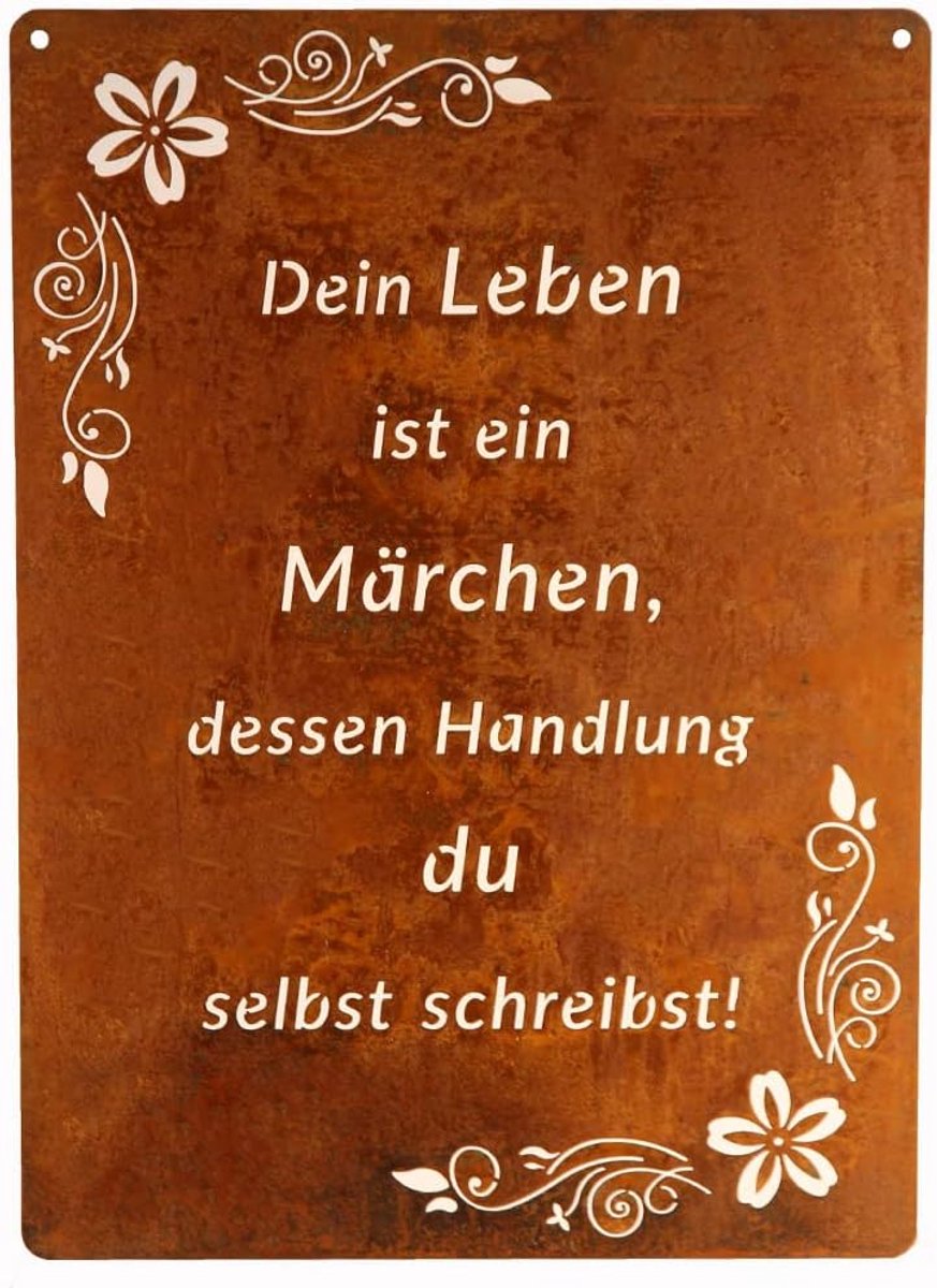 Tuinschild roestig 29 x 21 cm - patina bord voor tuin - levenswijsheid 'Jouw leven is een sprookje' - ShopVlot