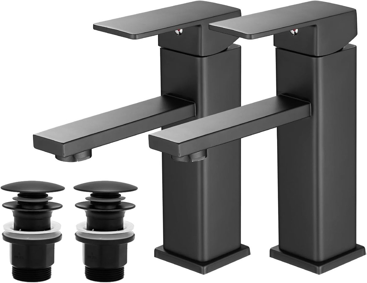 Wastafelarmatuur vierkant zwart - roestvrij staal - keramische cartridge - comfortabele temperatuurinstelling - ShopVlot