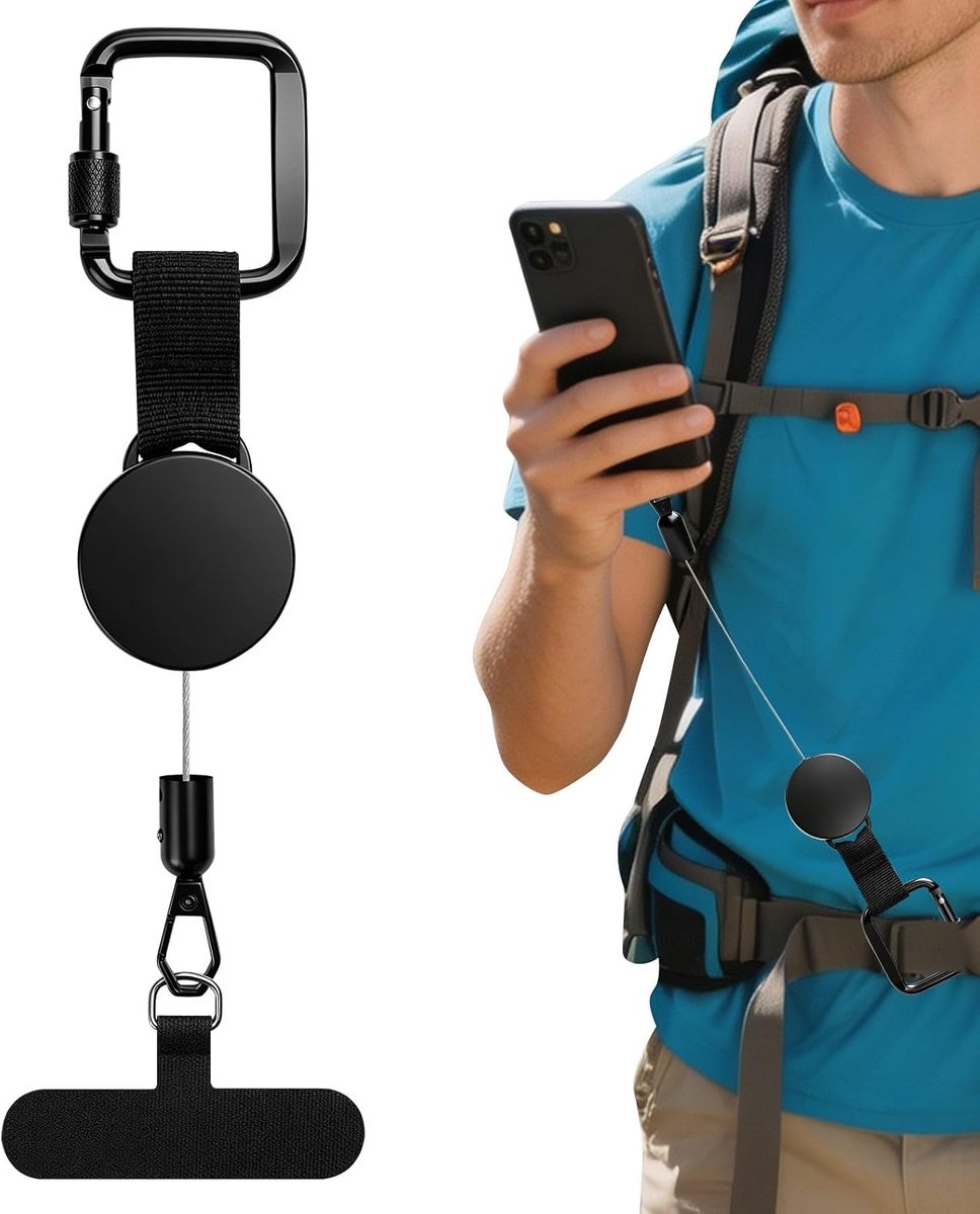 Retractable telefoonband - universele maat - zwart - anti-diefstal voor veilig gebruik - SnelShoppen