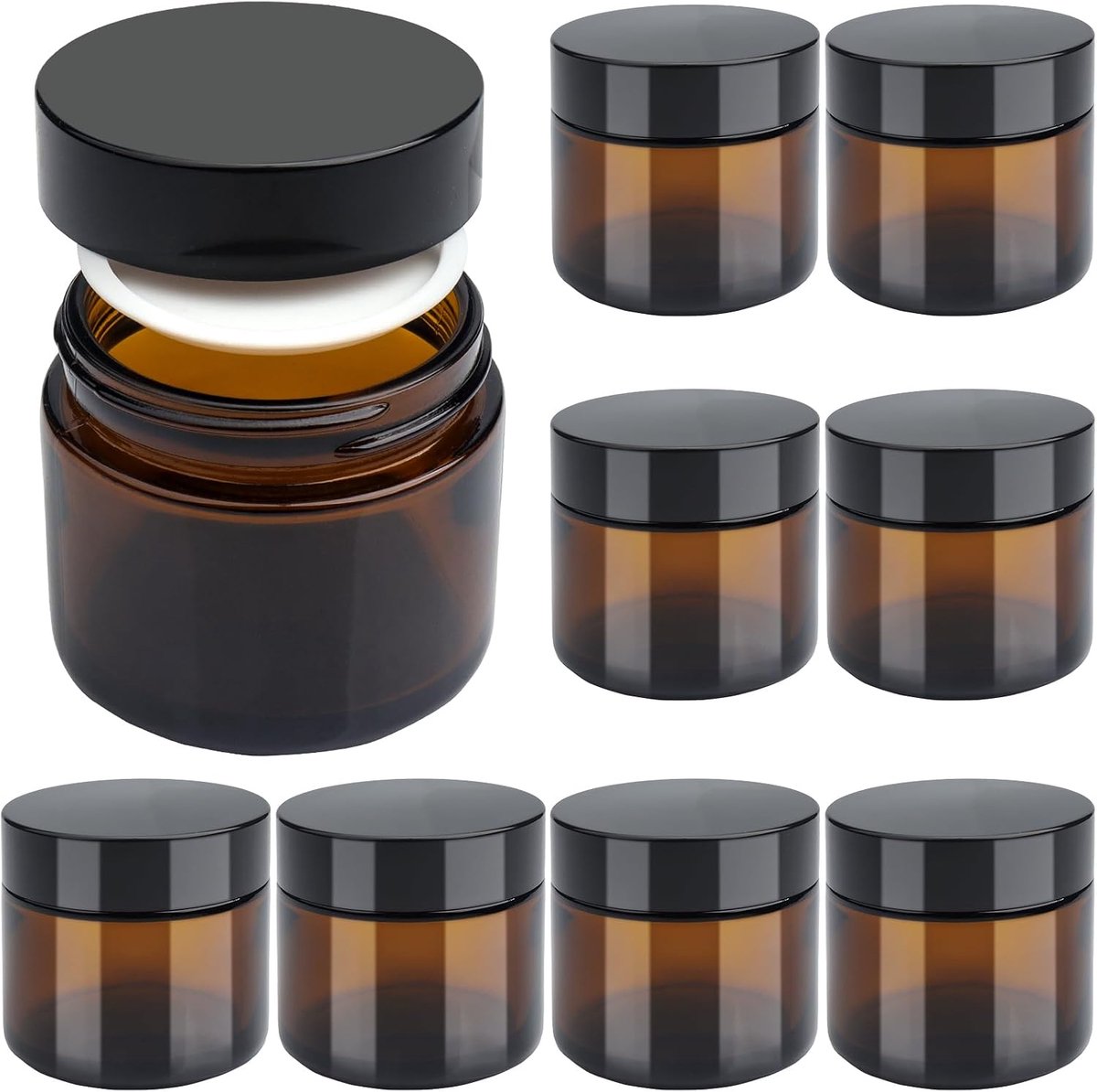 Cosmetica jar 2 fl oz - Amber glazen potjes - Met zwarte deksels - Voor het opslaan van crèmes - SnelShoppen