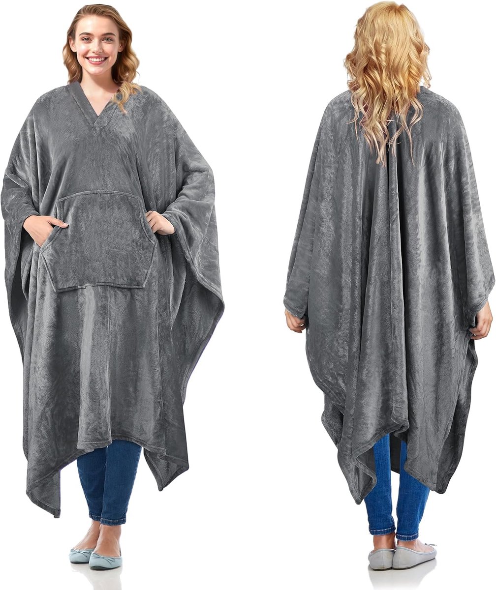 Poncho Dekentje 200 x 140cm - Grijs Fleece - Comfortabel en Warm - Ideaal voor Thuis of Buiten - SnelShoppen
