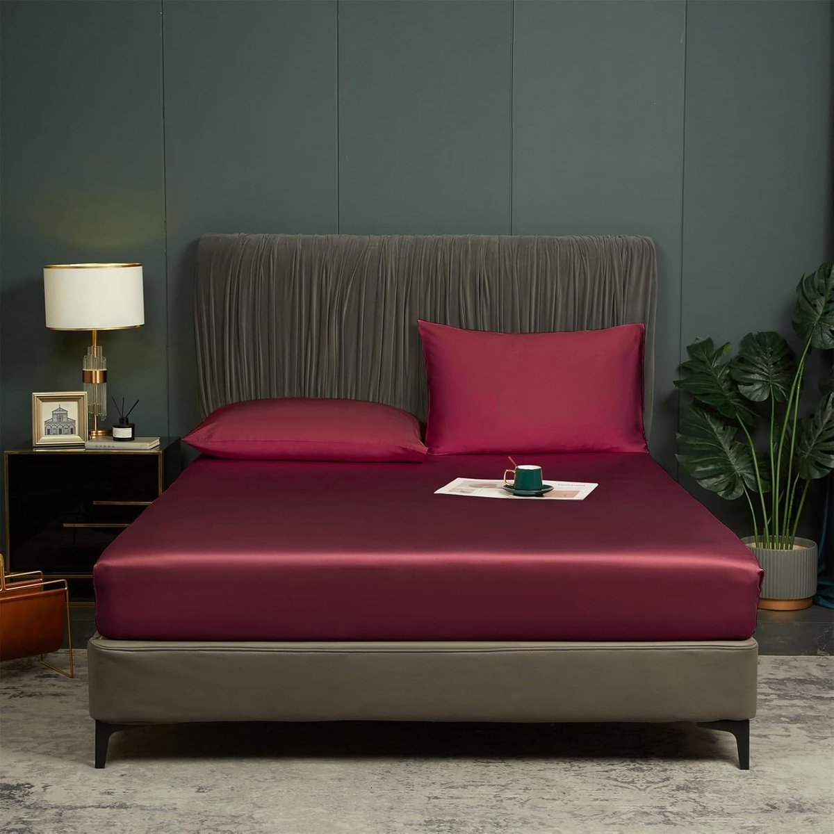 Fitted sheet 200 x 200 cm - bordeaux cooling - 50% bamboe en microvezel - zacht voor dubbel bed - SnelShoppen