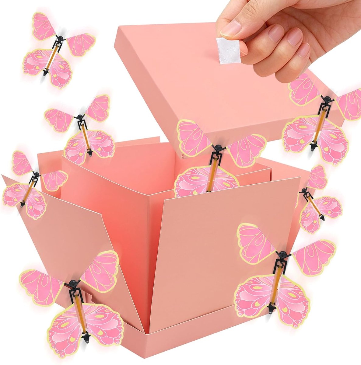 Opvouwbare verrassingsdoos - 14,5 x 14,5 x 12,5 cm - met 8 roze vlinders - onvergetelijk moment voor je partner - SnelShoppen