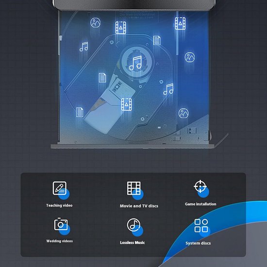 Externe CD/DVD Brander - Optisch Station - Schijven Lezen/Schrijven - USB-C en USB 3.0 - 14 cm - Zwart — afbeelding 4