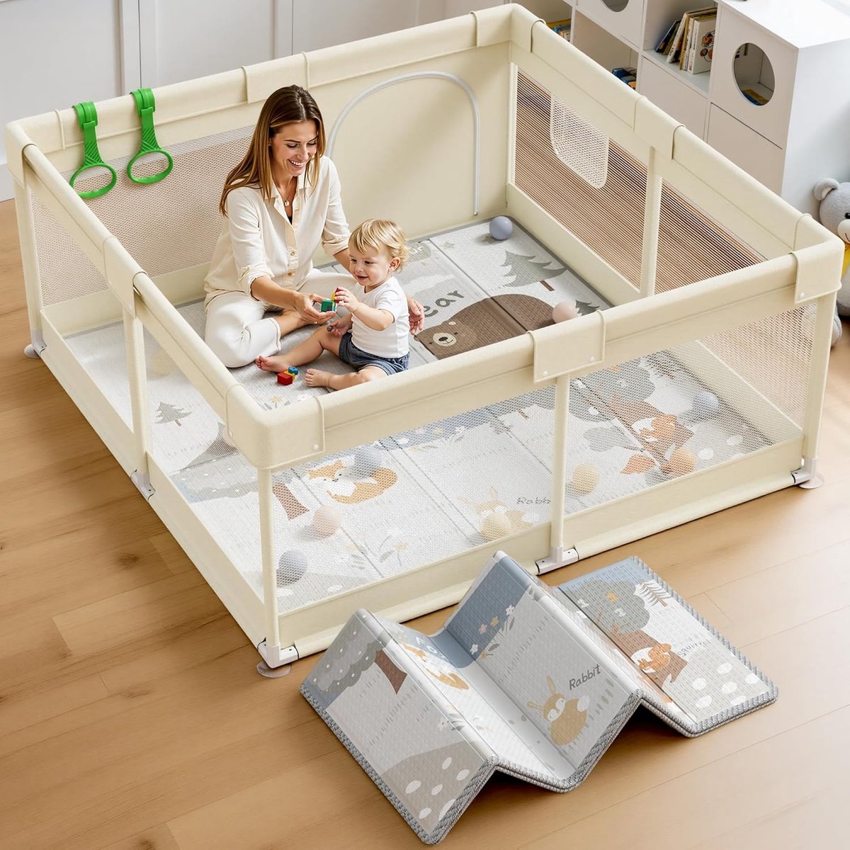 Babybox 120 x 120 cm met speelmat & matras | Ruime speelruimte voor binnenshuis, eenvoudig schoon te maken en op te bergen
