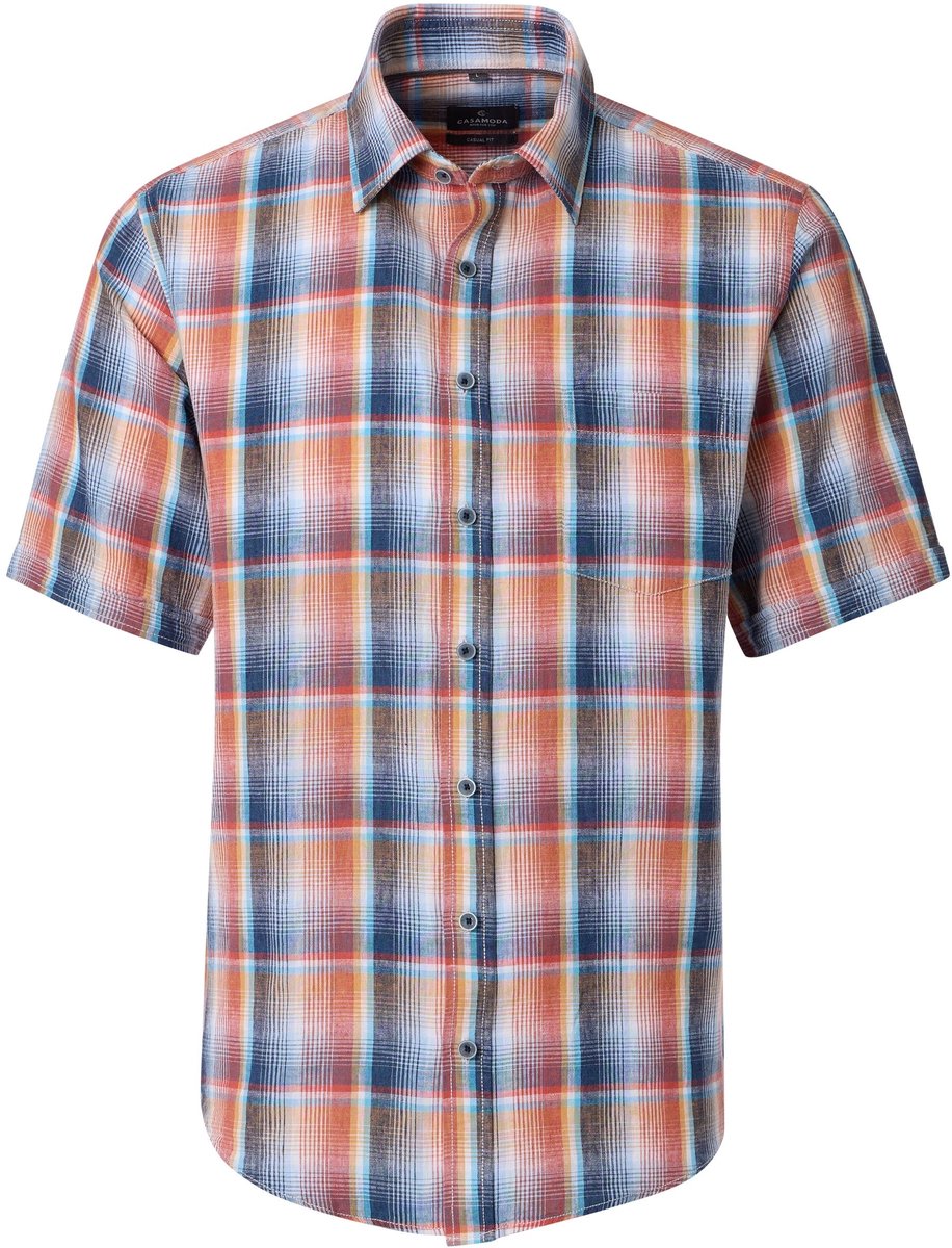 CASA MODA Sport casual fit overhemd - korte mouw - structuur - oranje - blauw - wit - lichtblauw - geel geruit