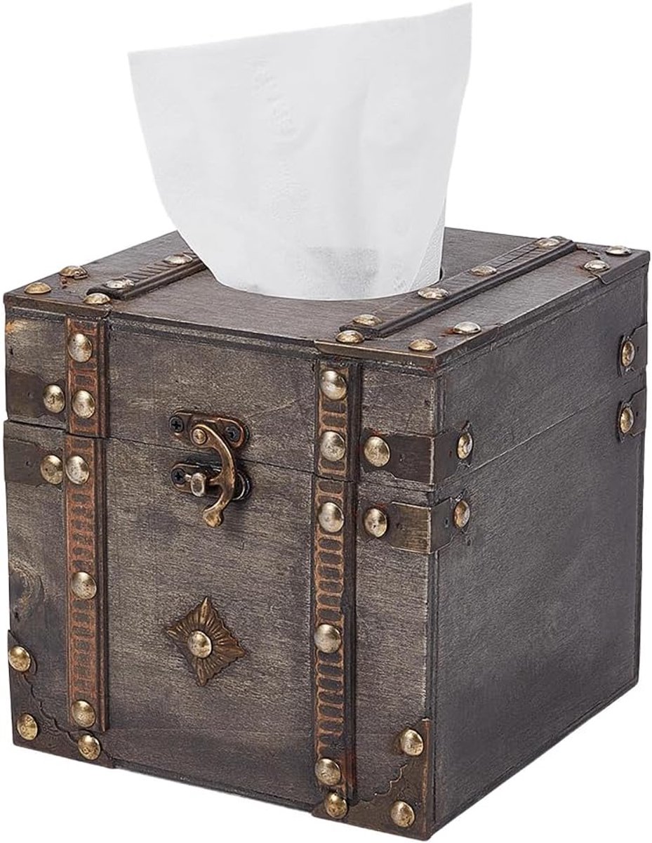 Houten zakdoekdoos 15 x 15 x 15 cm - Grijs - Vintage design - Decoratieve tissuehouder voor huis en kantoor - SnelShoppen