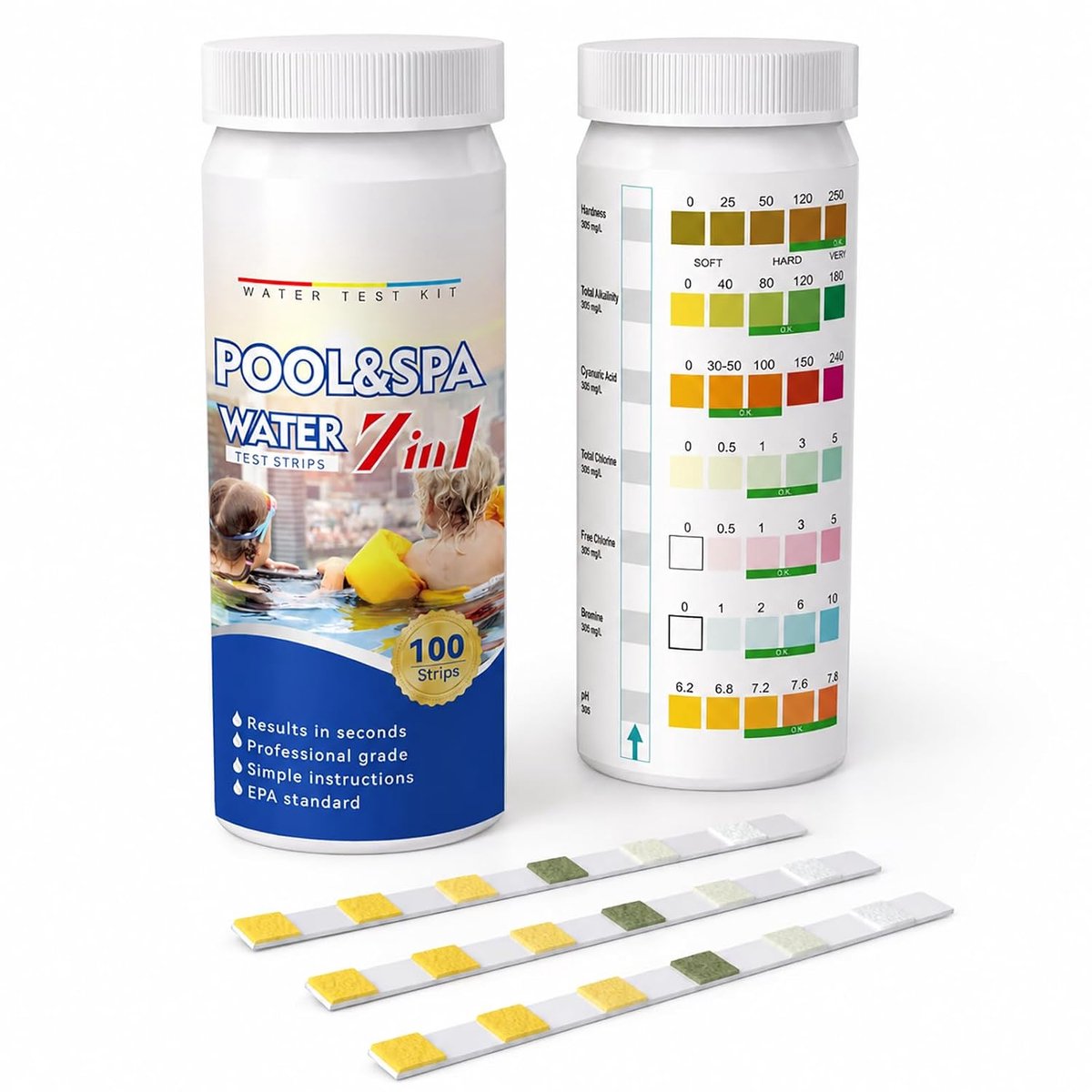 7-in-1 zwembadteststrips - 100 tests - analyse van pH, chloor, alkaliteit - eenvoudig waterkwaliteit controleren - SnelShoppen