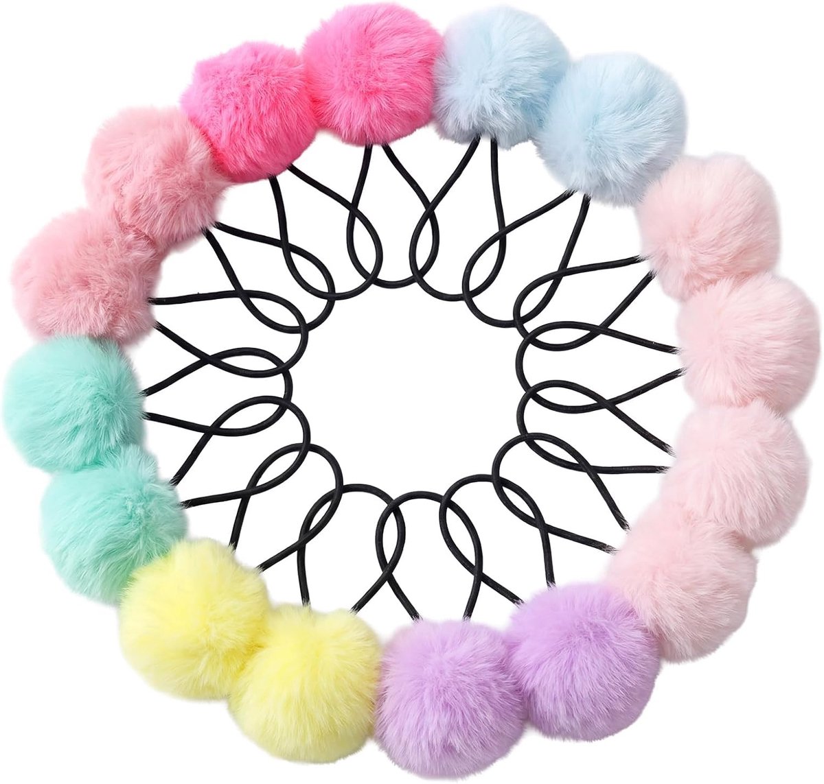 Haarelastiekjes met pompons 5 cm - 16 stuks meerkleurig - zacht en pluizig - voor meisjes en vrouwen - SnelShoppen