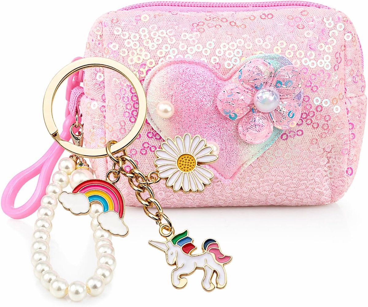 Portemonnee voor meisjes - Roze - Met strikken, parels en pailletten - Inclusief eenhoornhanger - SnelShoppen