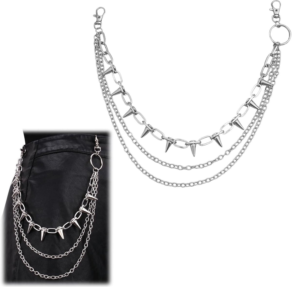 Broekketting 3-laags - Zilver met klinknagels - Punk-stijl - Ideaal voor sleutels - SnelShoppen
