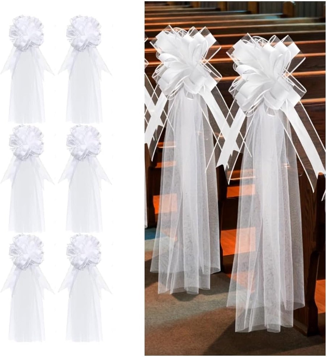 8-delige set bruiloftslinten met tuilinzetstukken, wit, lange stoellint, tule, bruidsprocessiedecoraties, kerkbanken, cadeaulint, bruiloftsdecoratie, autolint, grote strik voor bruidsfeest