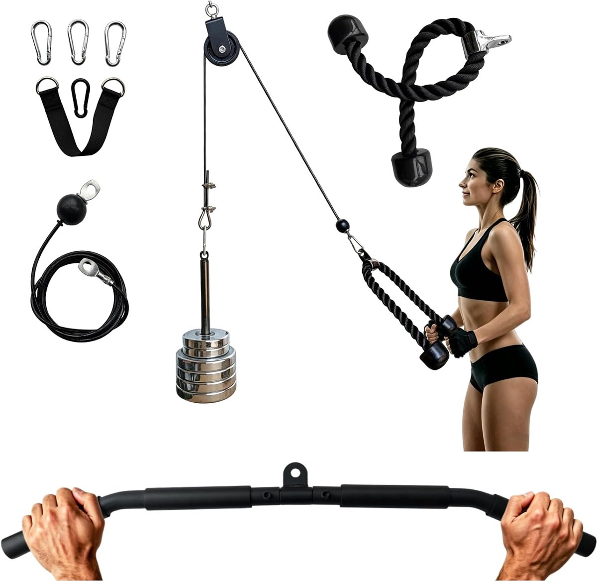 Kabeltreksysteem voor thuisgym, lattrekmachine met lattrekstang voor biceps, triceps en rugtraining, doe-het-zelf wandmontage, fitnessaccessoires