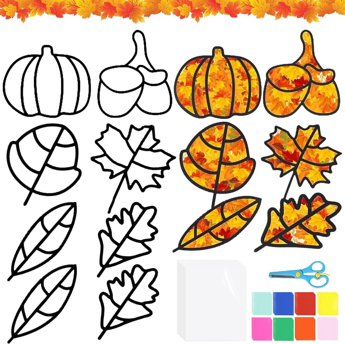 Herfst-knutselset voor kinderen, 12 stuks raamafbeeldingen, herfst, kinderen, knutselen, doe-het-zelf herfst, knutselset kransen, creatieve herfstdecoratie, bladeren, decoratie, esdoornblad,