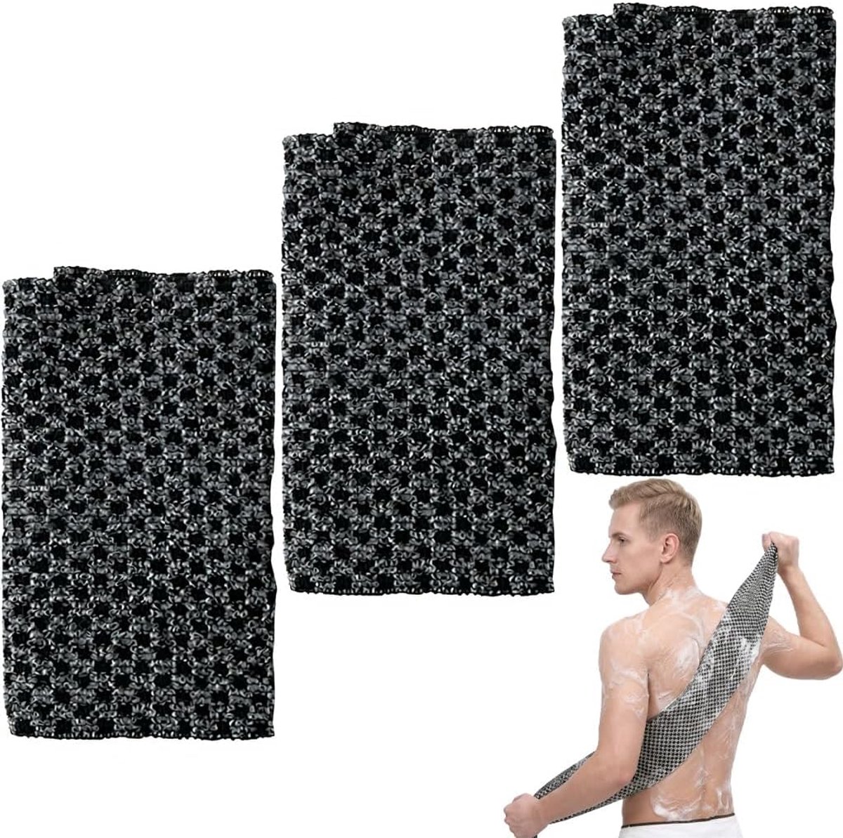 3 stuks, nylon, lang, rugschraper, douche, scrub, rug, revitaliserende textuur, peelinghanddoek voor de rug, voor heren en dames, gevoelige huid, zwart