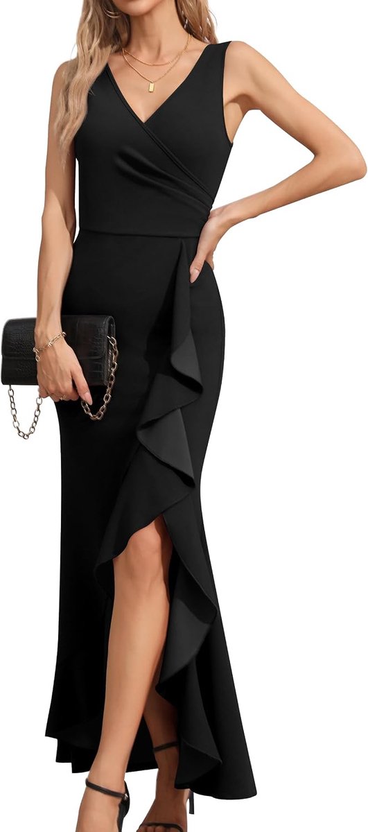 Avondjurken voor dames, wikkeljurk, V-hals, mouwloos, maxi-jurk, ruches, split, bodycon, cocktailjurk