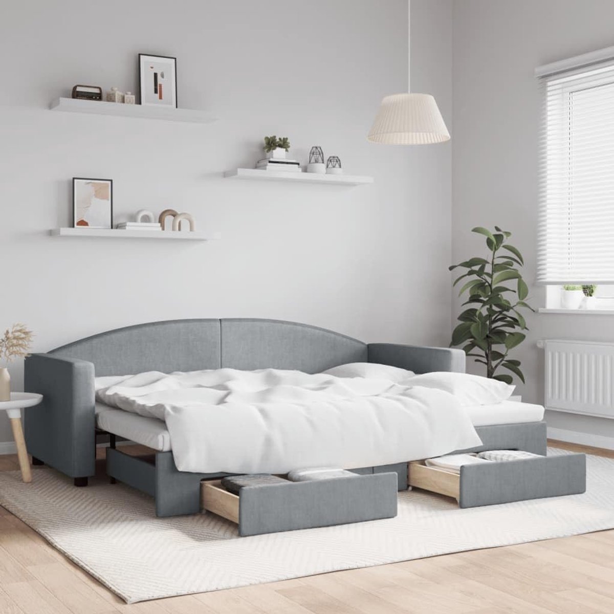 2 in 1 stof met opberglades logeerbed 80x200 cm lichtgrijs | Slaapbank met onderschuifbed en lades 80x200 cm stof lichtgrijs opbergbank logeerbed