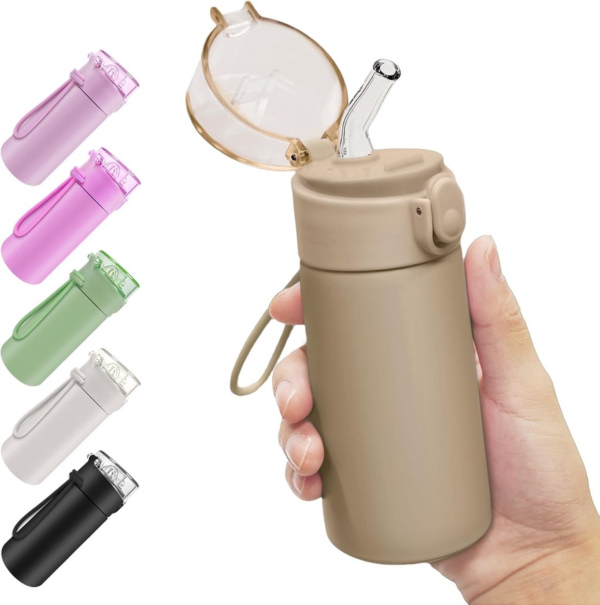 Thermosfles van roestvrij staal met afneembaar rietje, lekvrije drinkfles met draaggreep voor warme en koude dranken, 150 ml (bruin)
