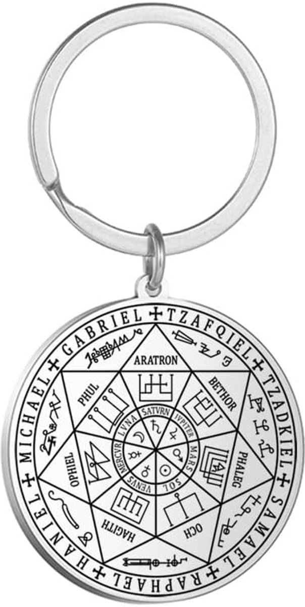 Roestvrij Stalen Aartsengel Metatron Sleutelhanger, Heilige Geometrie Hanger Zegel van Engel Sieraden voor Vrouwen Meisjes - Zilver, 38*35mm