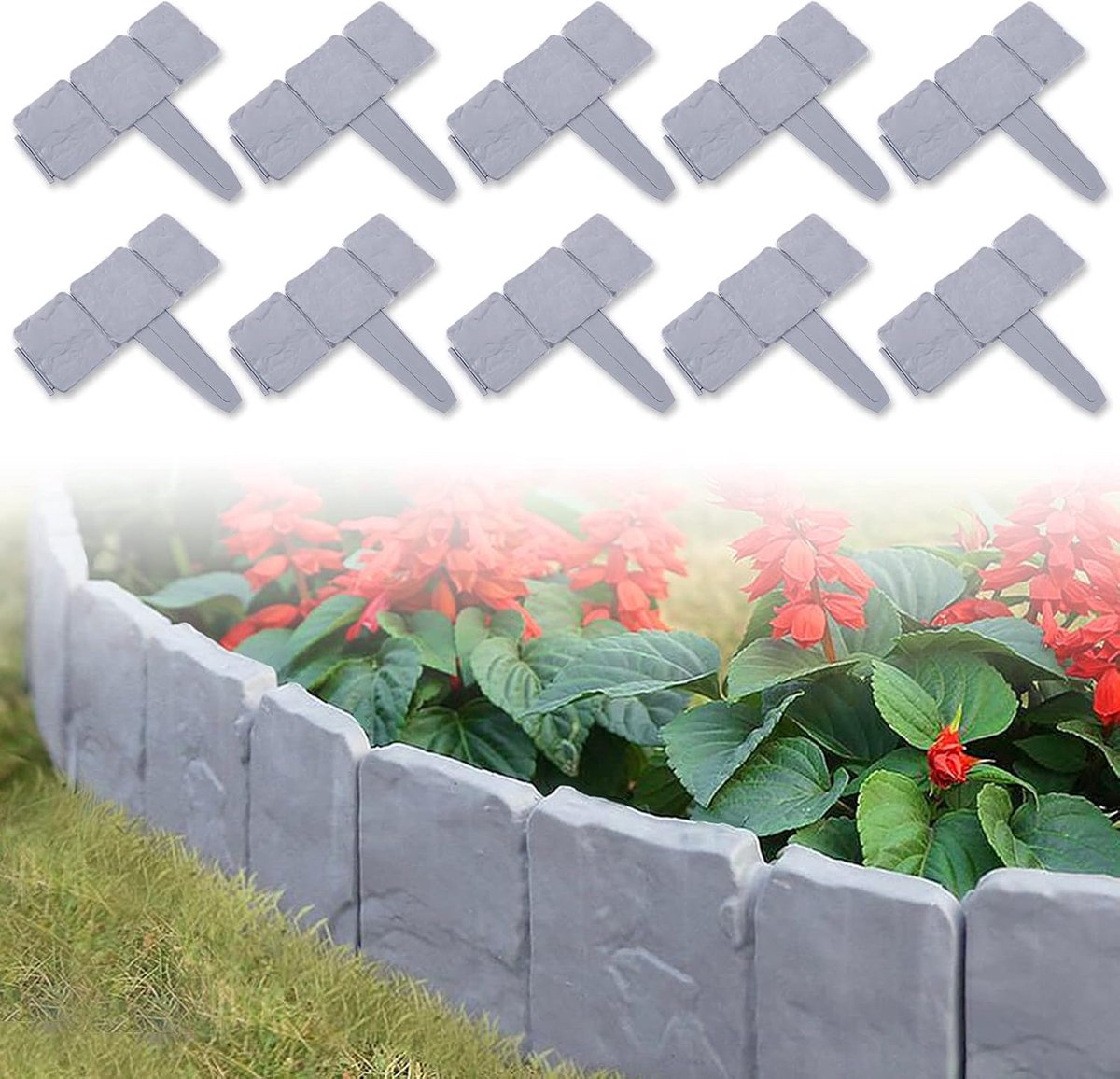 Gazonrand, kunststof, 10 m, polypropyleen, bloembedrand, grijs, steenlook, tuinomranding, flexibele bloembedrand voor tuin, gazon, bloembedden, 40 stuks