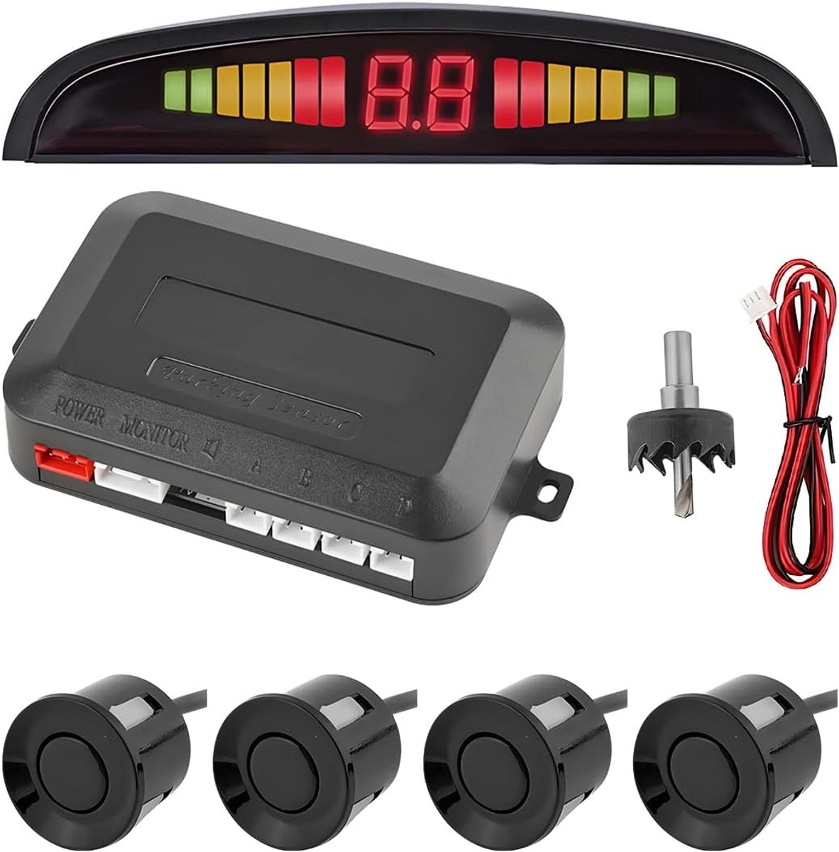 Auto achteruitrijradar voor auto, parkeerhulp met 4 universele sensoren voor achteruitrijauto, met zoemer, led-display, audio-achteruitrijalarmset