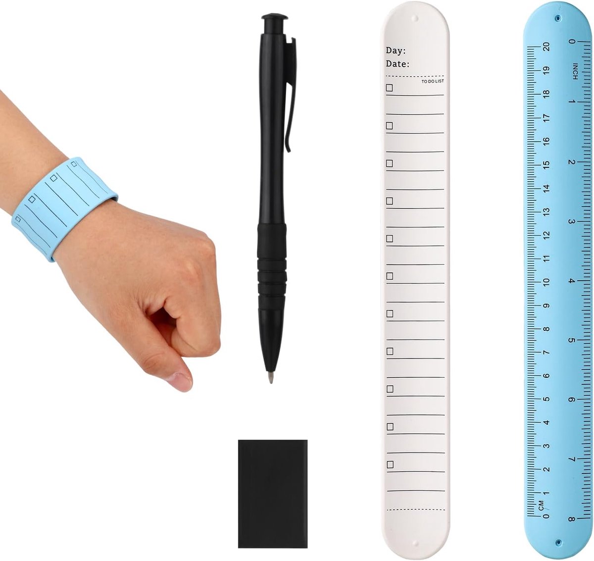 Lasuroa 2st Uitwisbare Notitieblokjes Pols, Siliconen Draagbare Takenlijst Herinneringsarmband Herbruikbare Memoarmband met Pen en Gum voor Studenten Docenten Verpleegkundigen (Wit en Blauw)