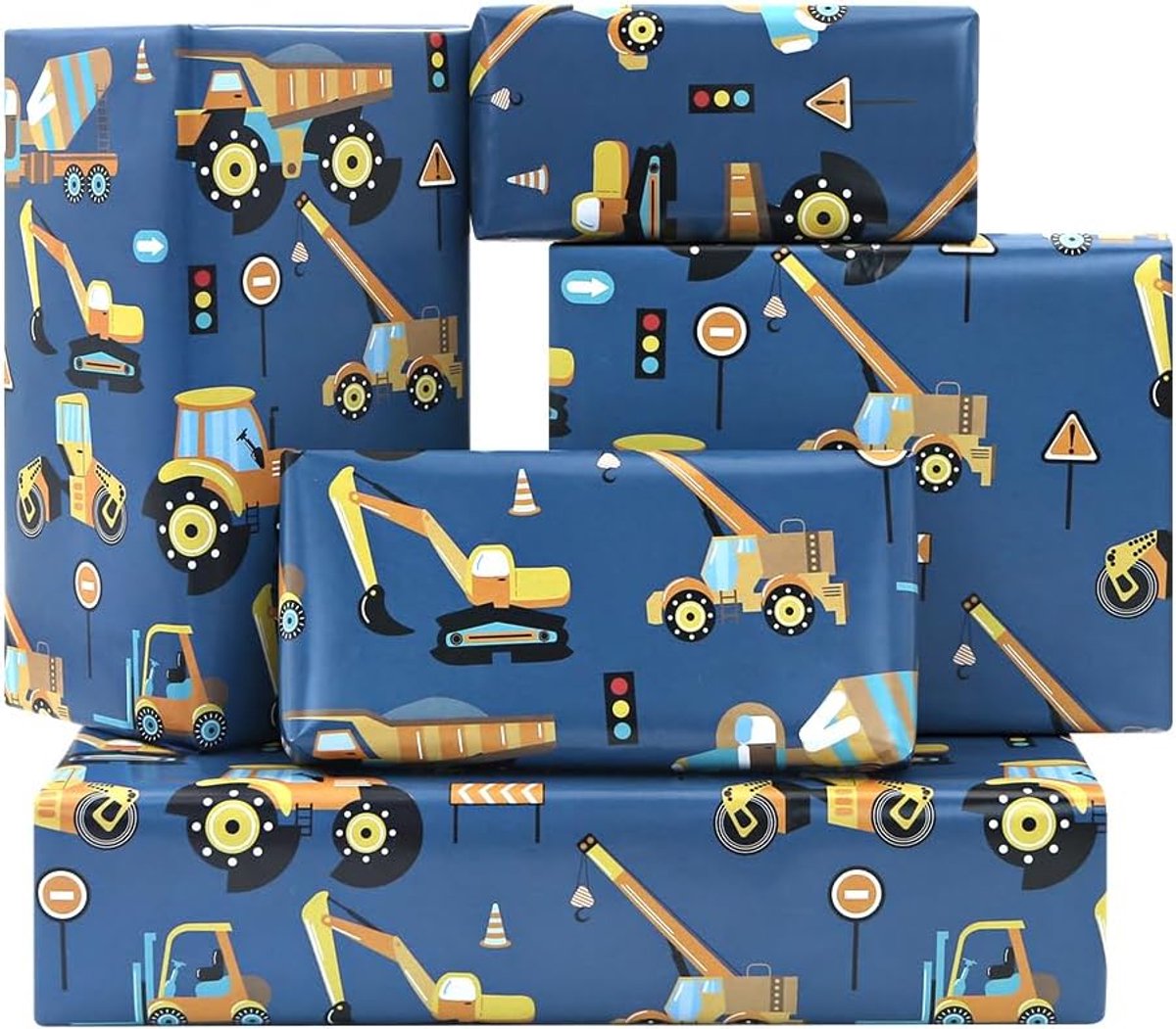 Bulldozer mixers dumper voertuigen model weg in bouw papier cadeau blauw voor kinderen jongens kleine bouwer verjaardagsfeest - 50 x 70 cm - 6 vellen