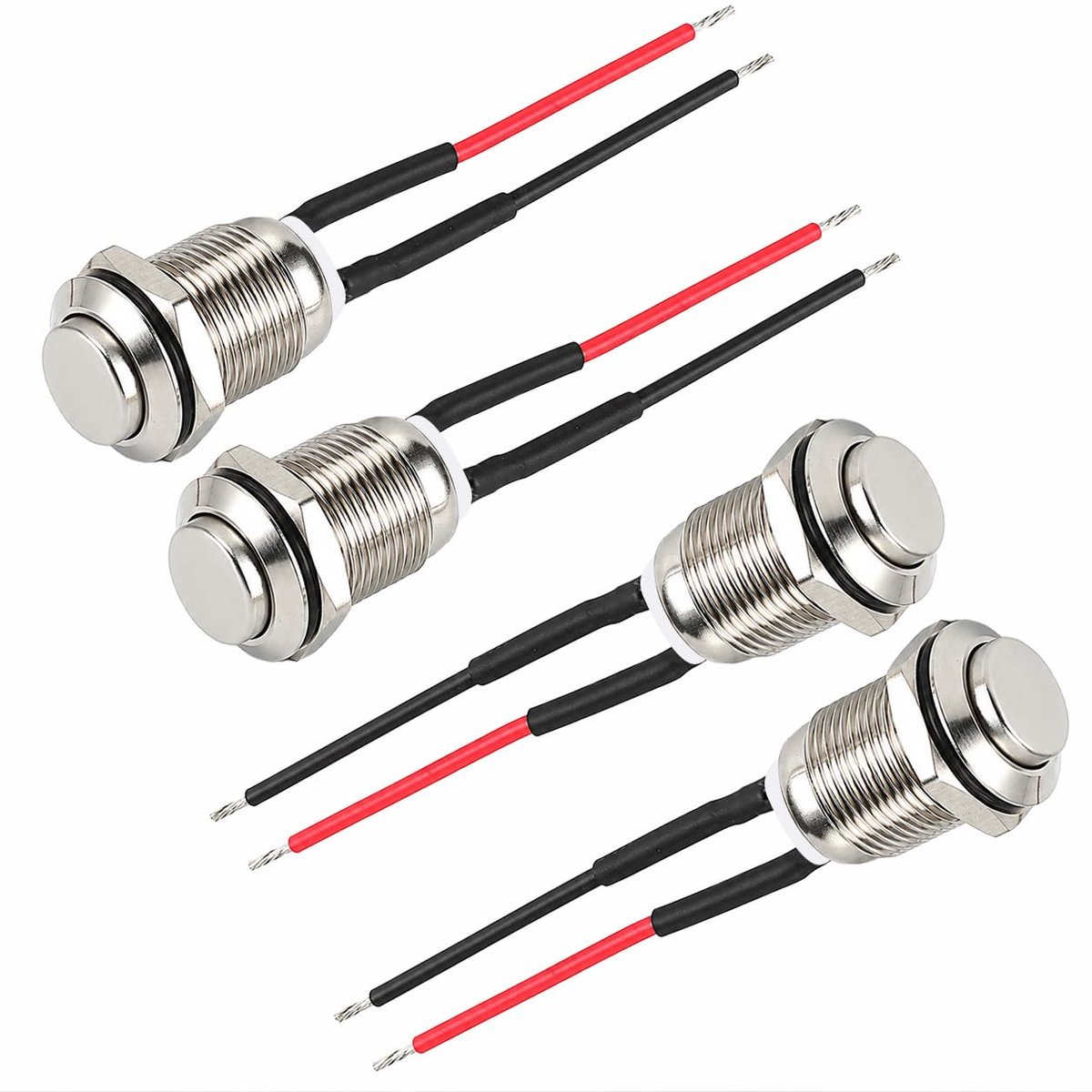 4 stuks 12 mm waterdichte drukschakelaar momentane roestvrij stalen drukknop 2A/250V | Waterdichte schakelaar met 15 cm kabel, actuele drukschakelaar, metalen knop voor auto, tuin en industrieel gebruik