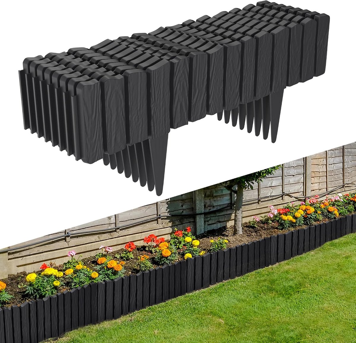 Kunststof, houtlook, antraciet, 4,6 m, tuinpalissade, maairand met grondpen, flexibel bloembed, gazonbegrenzing, uv-bestendig en weerbestendig