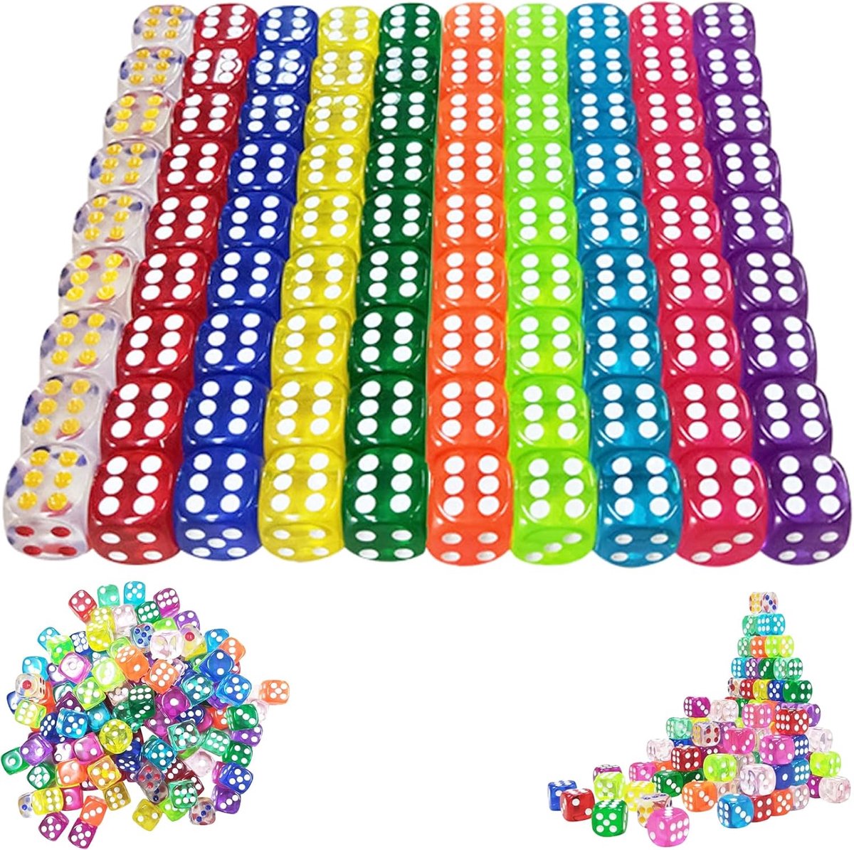 100 stuks kleurrijke dobbelstenen, speeldobbelstenen, 12 mm, acryl dobbelstenen, 6 zijden, kleurrijke kleuren, dobbelstenen, set transparante dobbelstenen, zeszijdige dobbelstenen, tafelspellen