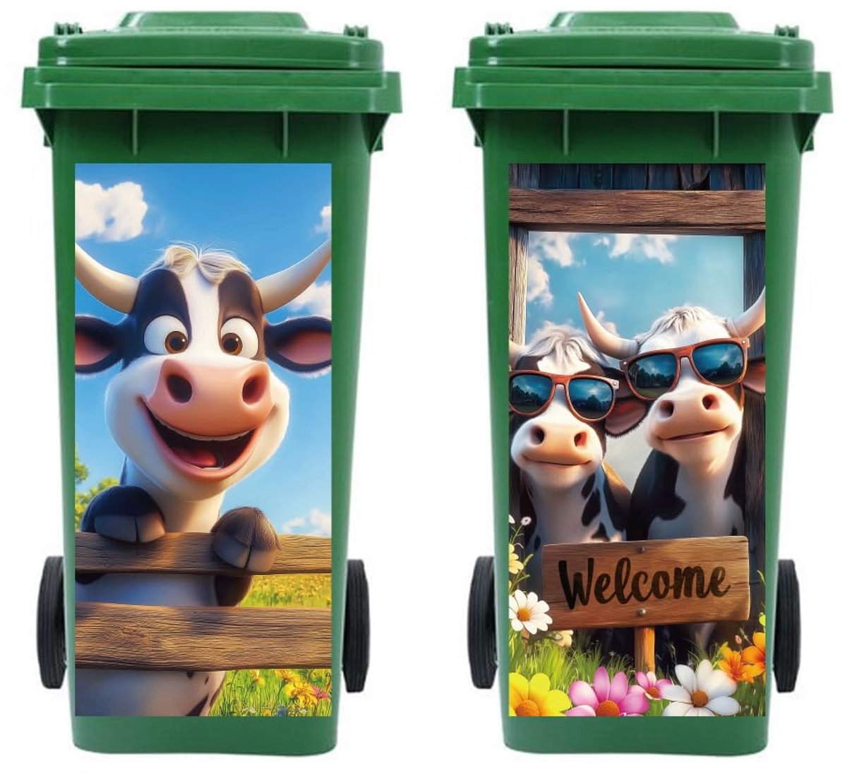 Wheelie Bin Stickers 2 Vellen Grappige Koe Sticky Vuilnisbak Stickers Decals, 38cm x 81cm Waterdichte Zelfklevende Grote Wraps voor Vuilnisbakken, Koelkast, Muur Outdoor Indoor Patio Decor