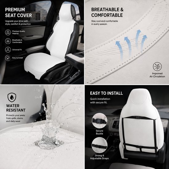 AIM Autostoelbeschermer - Luxe PU Imitatieleer Zit- en Rugkussen - Set van 2 - Kia Picanto 1 - Airbag Compatibel - M14 - Wit — afbeelding 2