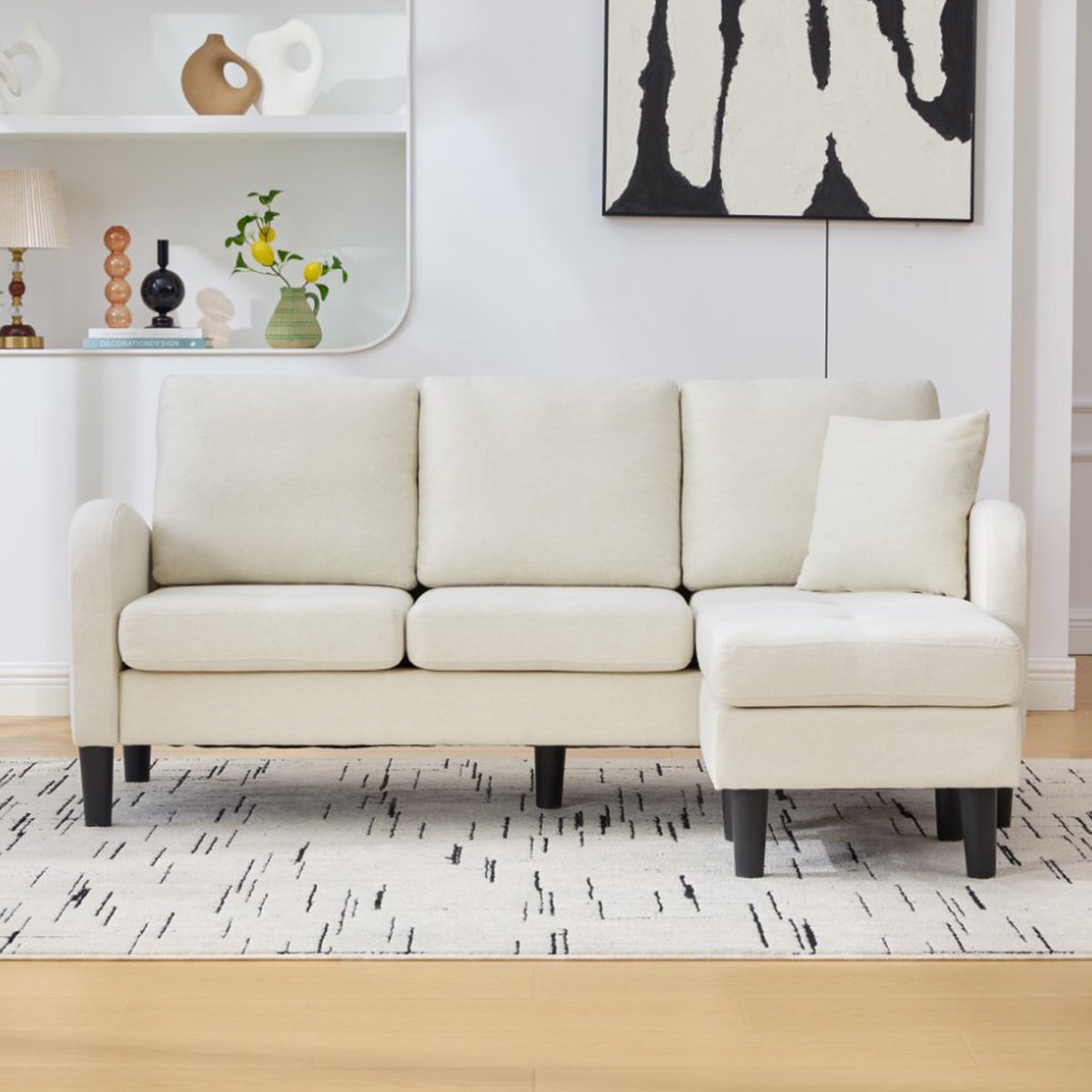 MEUNIQ hoekbank met chaiselongue 166 x 118 x 77 cm, modulair L-vormig ontwerp, 3-zits, licht beige, voor woonkamer, appartement of kantoor Light beige