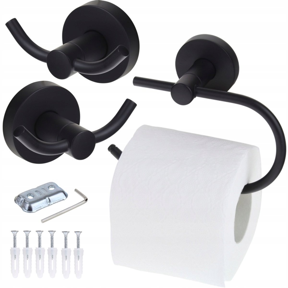 Merkloos Zwart Badkamerset: 2 Haken & Toiletrolhouder