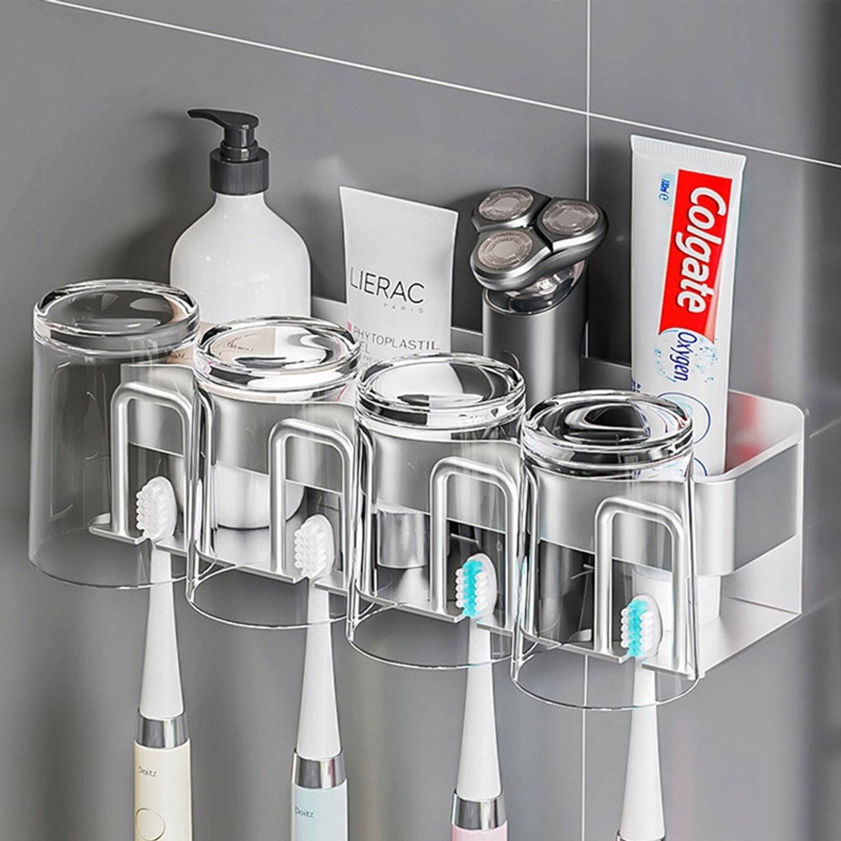 Merkloos Badkamerorganizer met tandenborstelhouder en dispenser (4 personen)