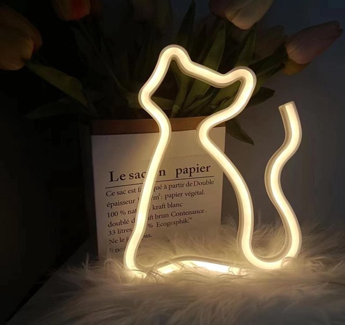 Nachtlamp Kind - Neon LED Lamp Kat Kinderkamer – Warm Wit – USB & Batterij – Decoratieve Tafellamp voor Kinderkamer – 28,5 x 24,5 cm